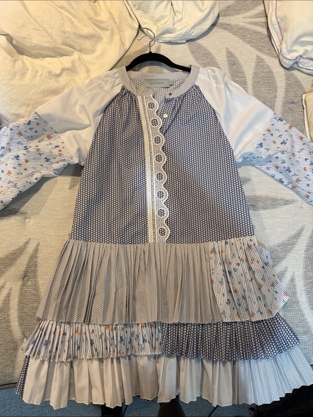 Silvia Tcherassi Navy, White & Light Blue Mixed-Print Tiered Dress
